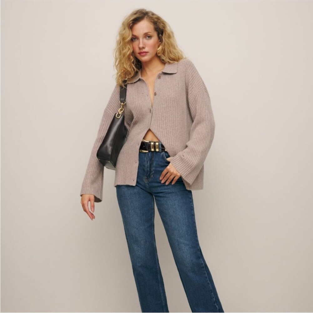 Reformation Fantino Cashmere Collared Cardigan, Oatmeal, S - Picture 3 of 9